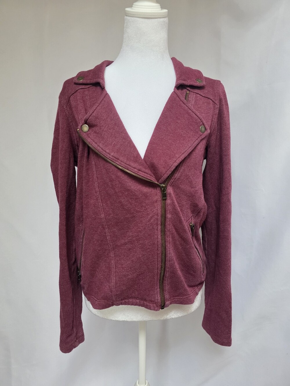 American Eagle Burgundy Sweatshirt Moto Jacket Asymmetrical Zip Size M